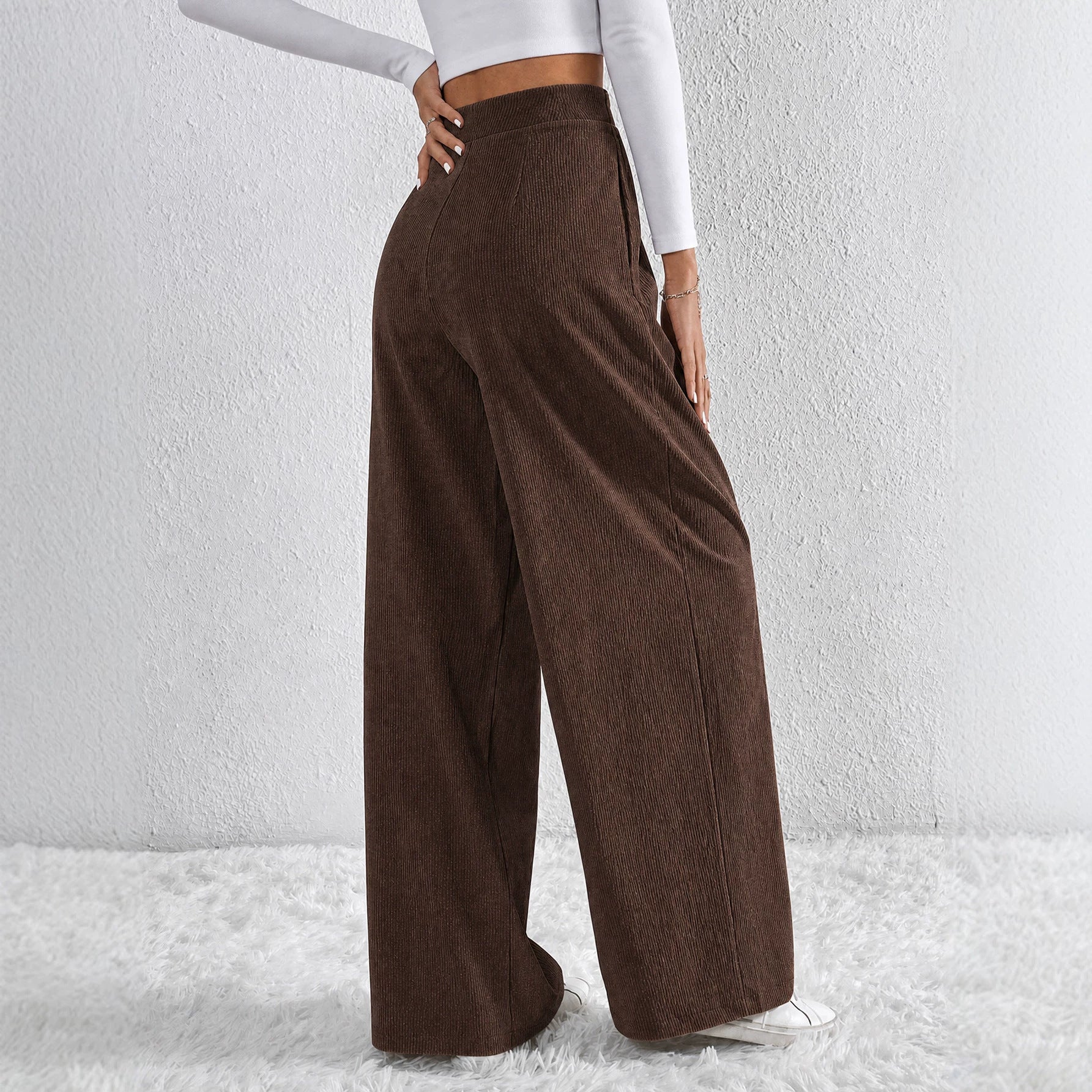 Autumn Winter Retro Coffee Color Wide Leg Pants Women V Shaped Waist Pleated Casual Loose Trousers