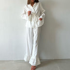 Ruffled Tied Shirt Trousers Two Piece Cotton Collared Long Sleeve Casual Lazy Set for Women