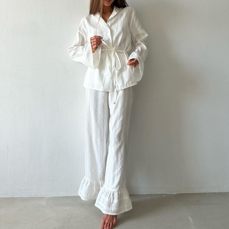 Ruffled Tied Shirt Trousers Two Piece Cotton Collared Long Sleeve Casual Lazy Set for Women