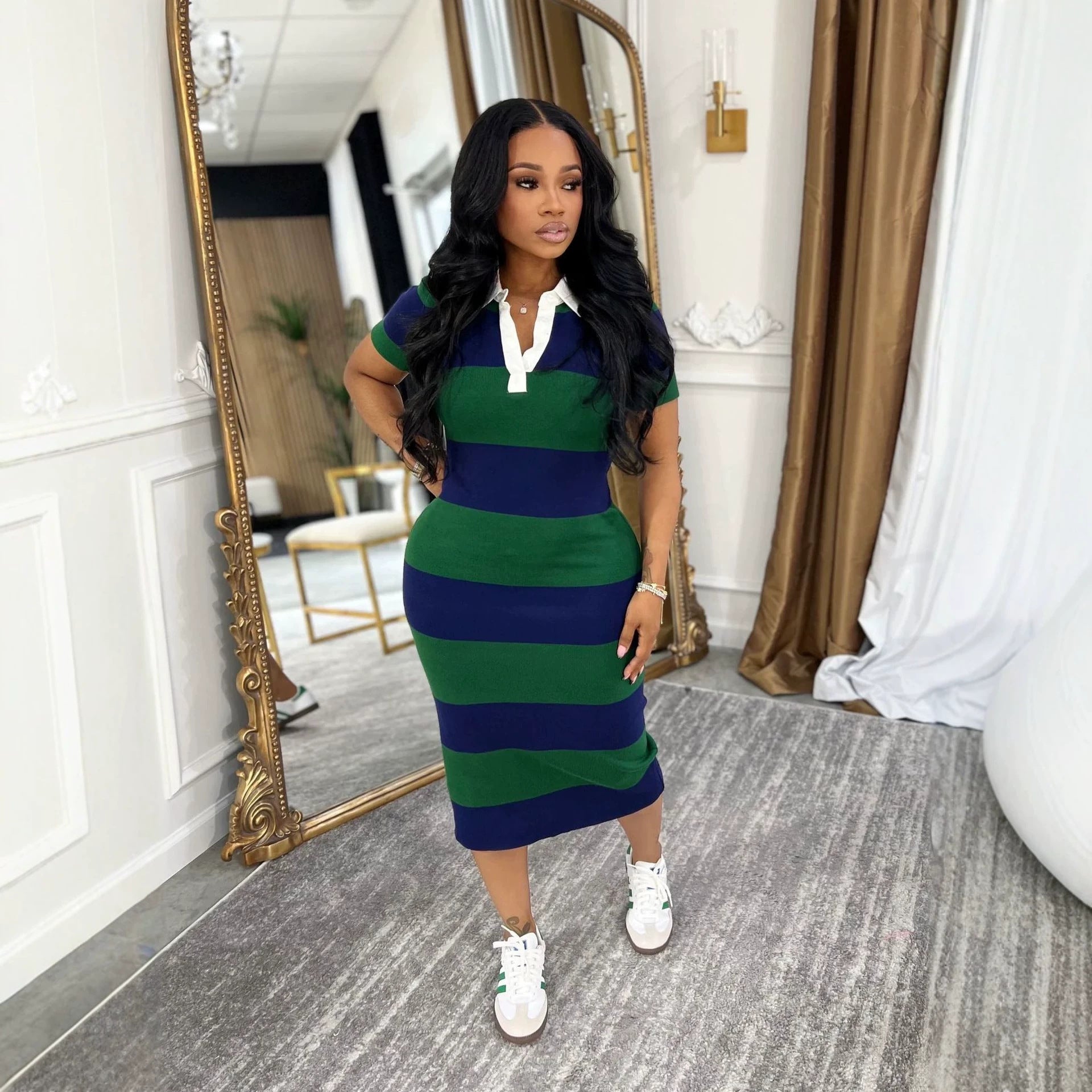 Women's Contrast-Color Polo Collar Midi Dress