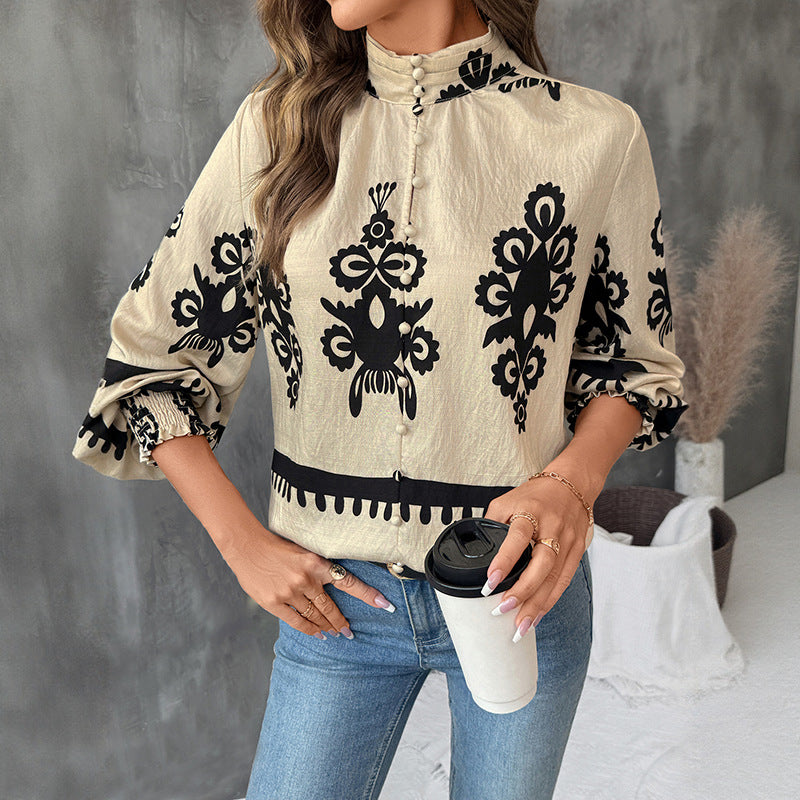 Women’s Apricot Retro Print Ruched Button Cardigan