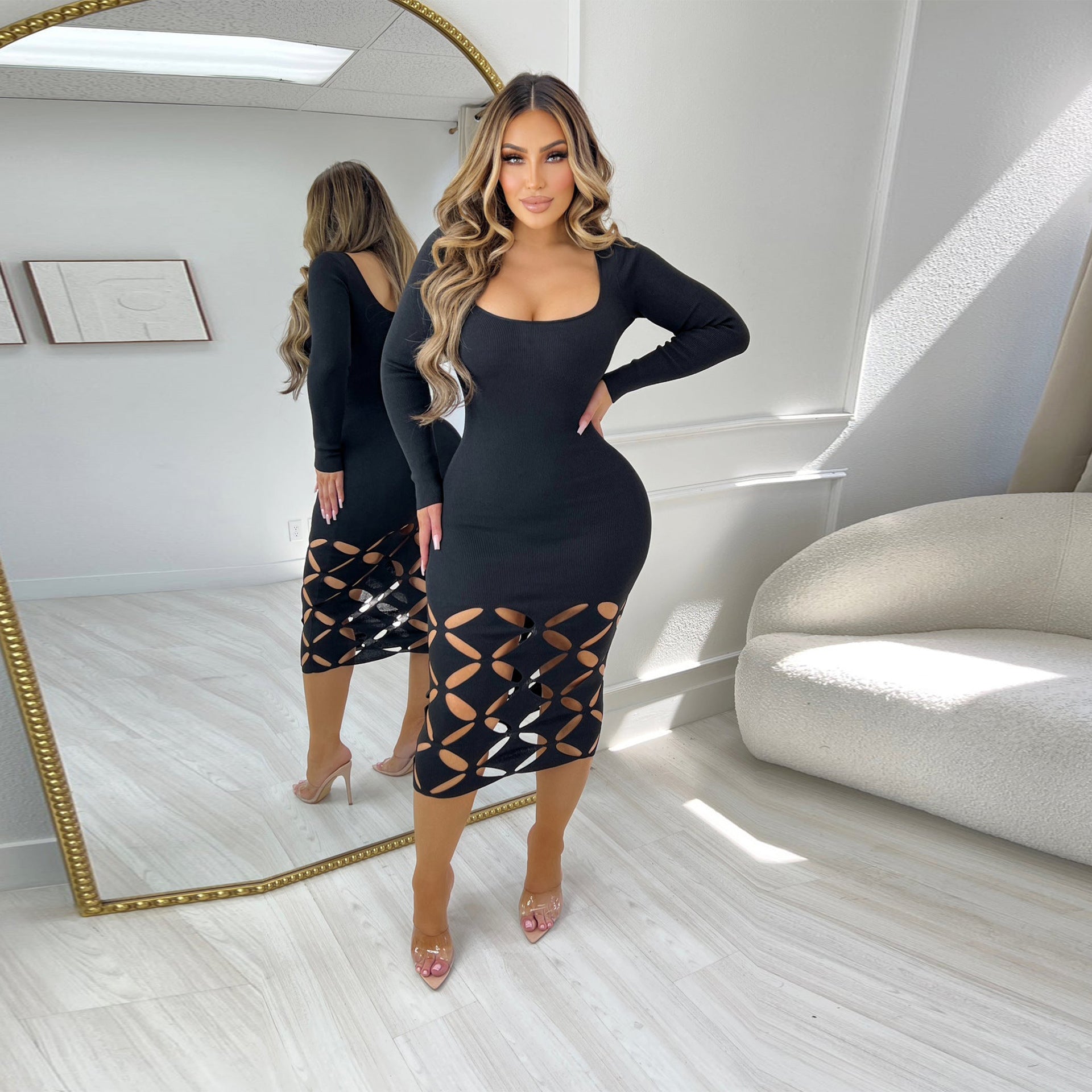 Women's Sexy Elastic Hollow Out Cutout Burning Floral Skinny Sheath Long Sleeve Dress