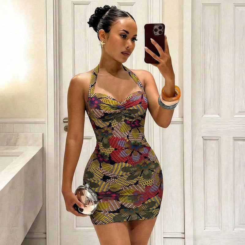Autumn Slim Fit Low Cut Halterneck Printed Sheath Dress