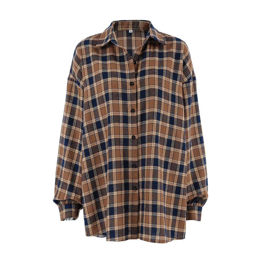 Women's Brown Plaid Collared Button-Up Shirt