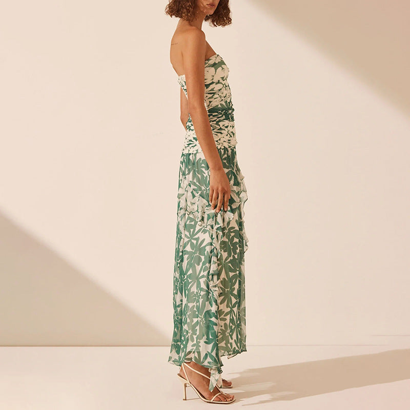 Women’s Retro Printed Tube-Top Maxi Dress
