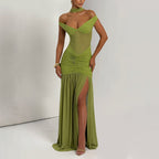 Women's Backless Mesh Ruched Slit Bodycon Maxi Dress