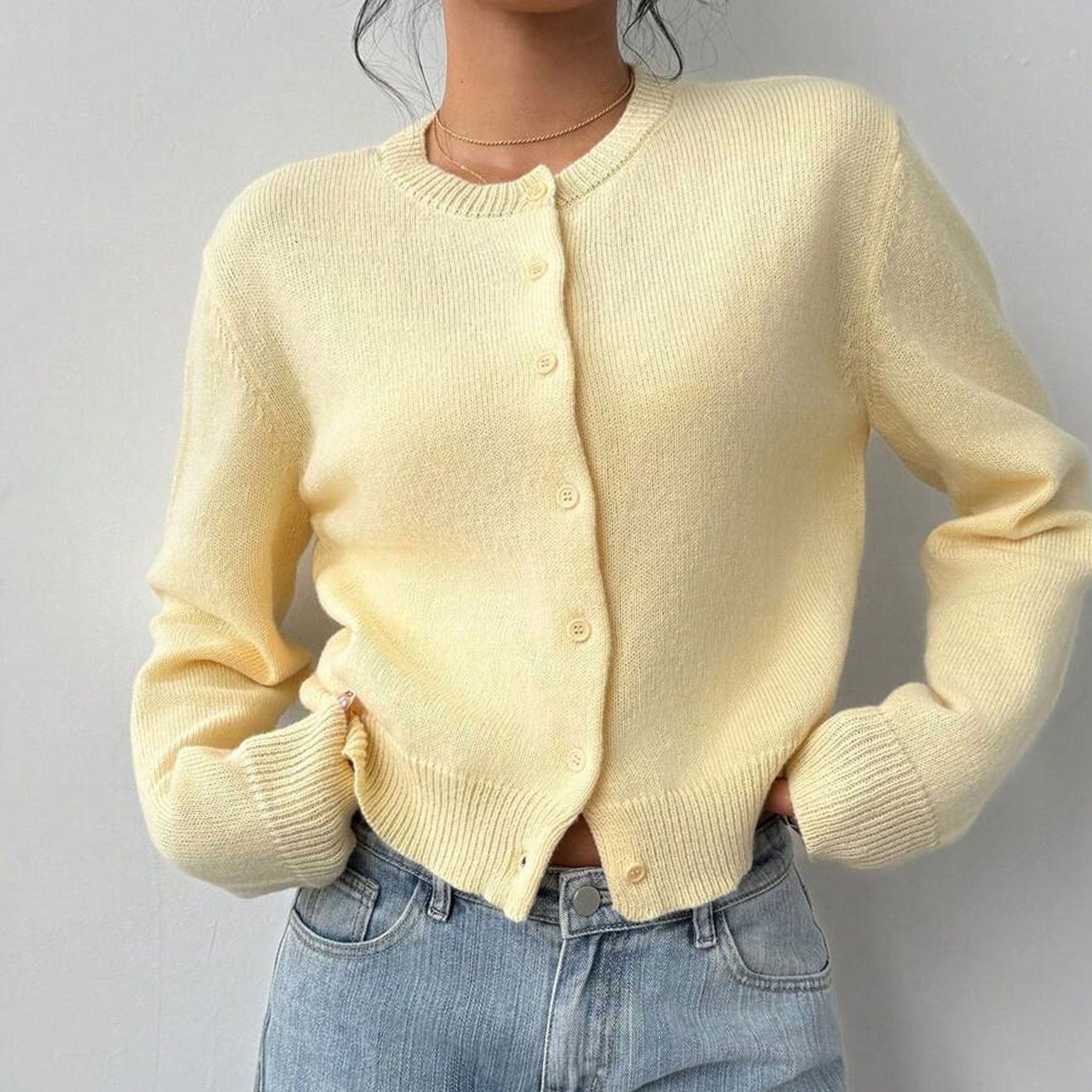 Yellow knitted cardigan for women, round neck, button front, long sleeves