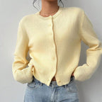 Yellow knitted cardigan for women, round neck, button front, long sleeves