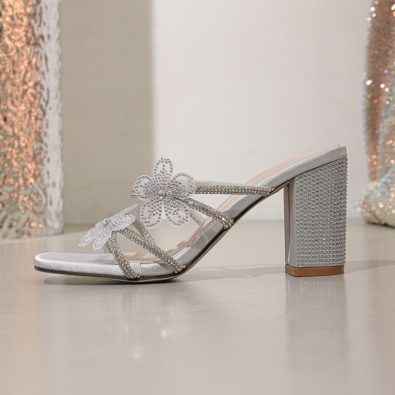 Women's Butterfly Rhinestone Thick-Heel Sandals