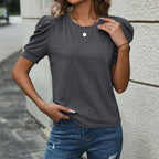 Women’s Dark Gray Puff Sleeve Crew Neck Top