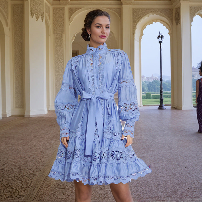 French Vintage Court Embroidered Dress Summer Stand-up Collar Puff Sleeve Lace up Waist Dress Women