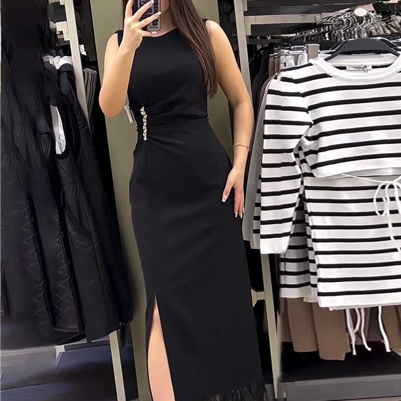 Women's Crew-Neck Rhinestone Fringe Ruched Split Bodycon Maxi Dress