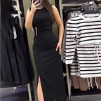 Women's Crew-Neck Rhinestone Fringe Ruched Split Bodycon Maxi Dress