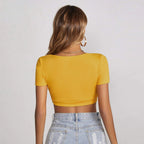 Women's Women Clothing Summer New Square Collar Cropped T-Shirt Sexy Slim Street Short Sleeve