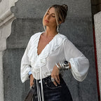 Women's V-Neck Ruffle Lace-Up Blouse