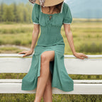 Lace Patchwork Dress Summer Women Square Collar Split Jacquard Dress
