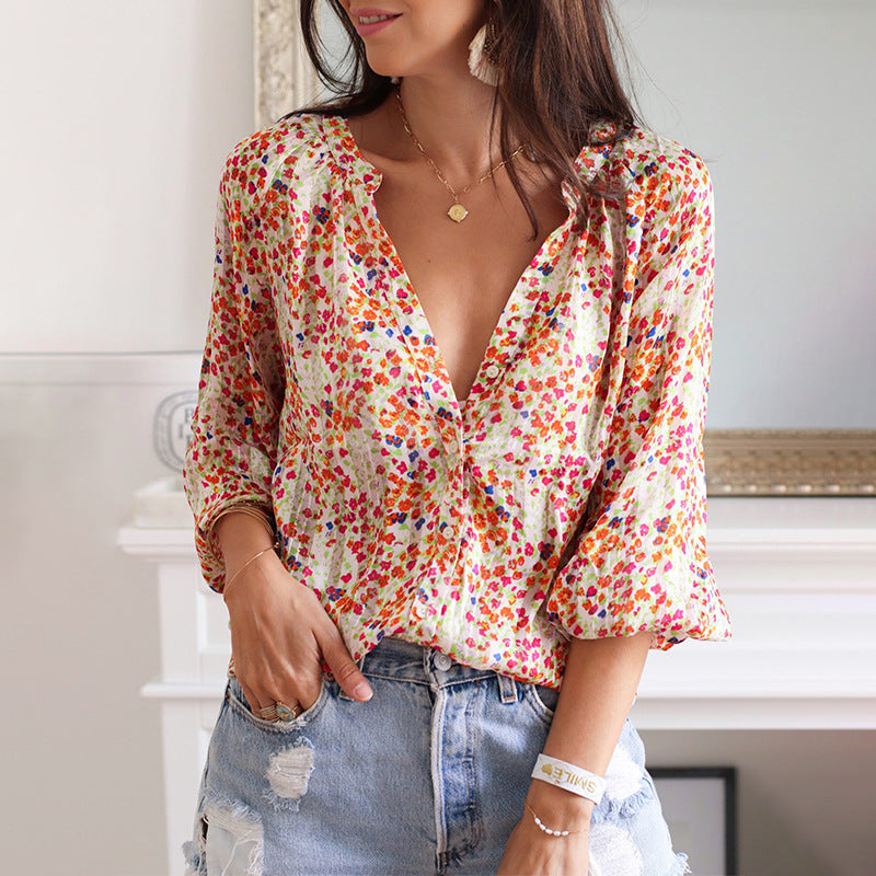 Women's Low V-Neck Pullover Shirt Loose Long Sleeve Bohemian Shirt