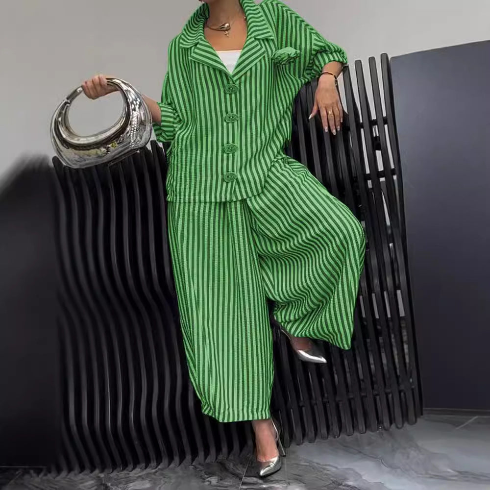 Women's Autumn Commuting Elegant Floral Stripes Loose Blazer Casual Sets