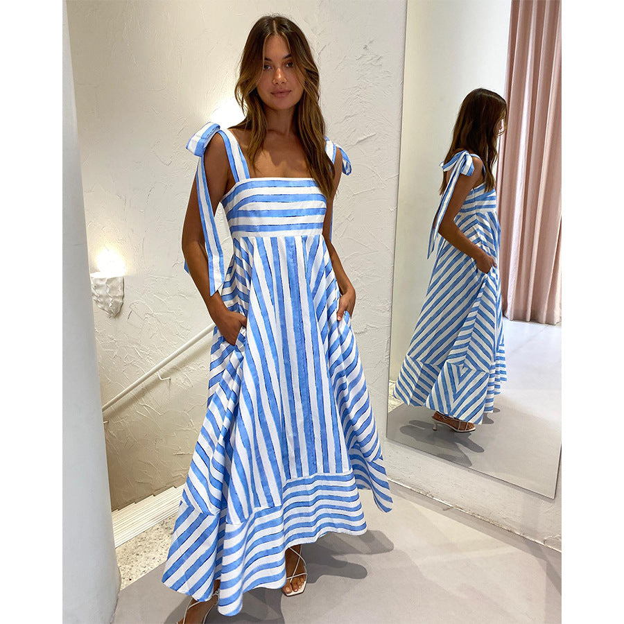 Women's Striped Print Lace Up Dress