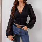 Chiffon Ruffle V-Neck Ruched Waist Top