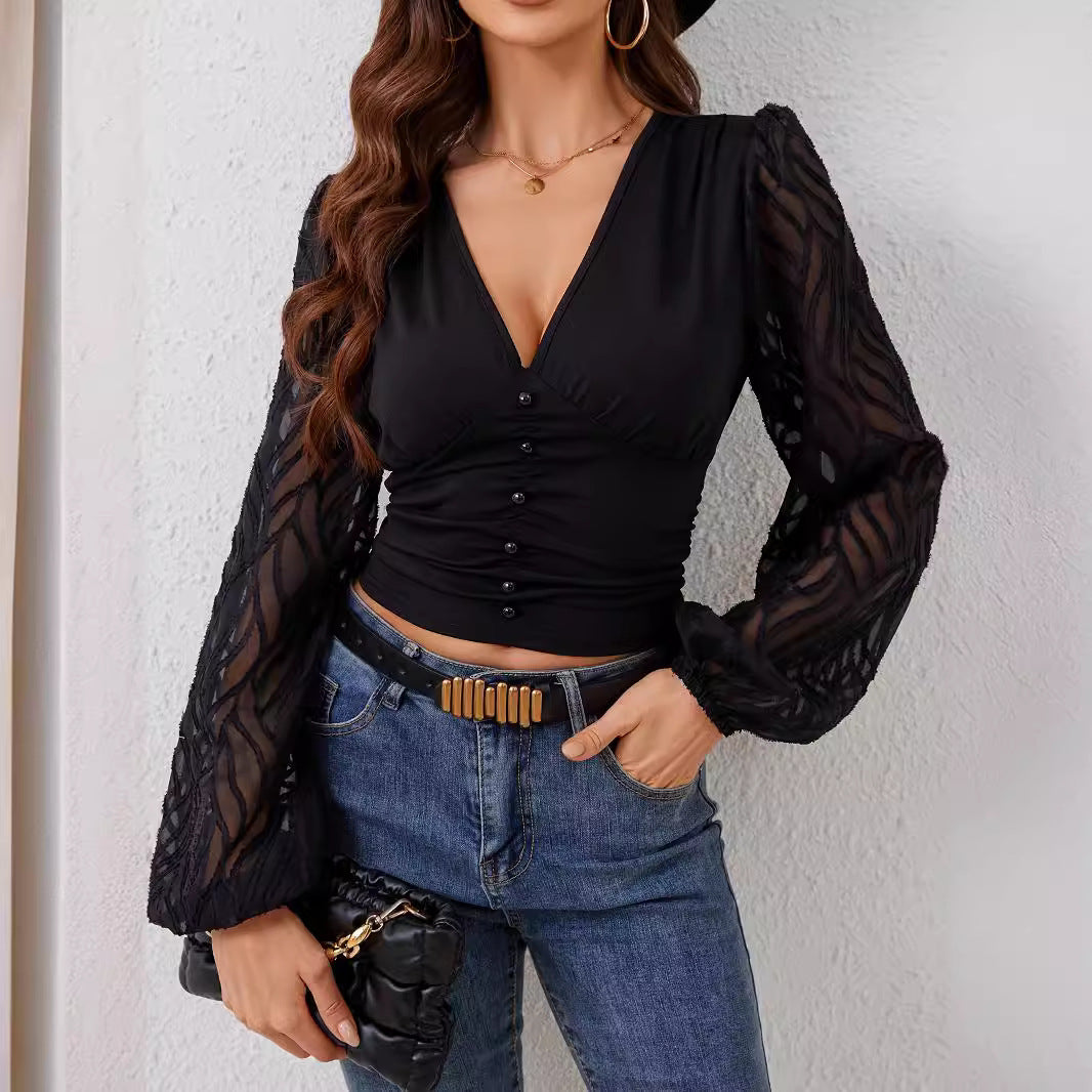 Chiffon Ruffle V-Neck Ruched Waist Top