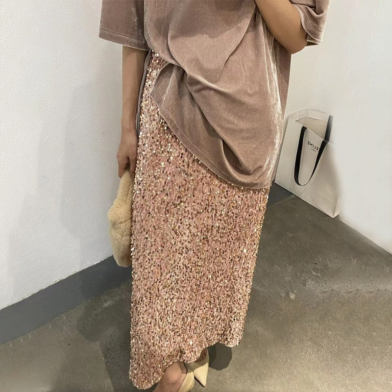 High Waist Sequined Elastic Back Slit Straight Long Skirt