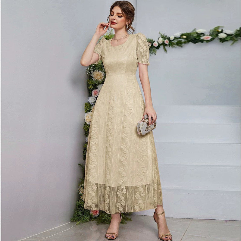 Mesh-Panel Crew-Neck Maxi Dress