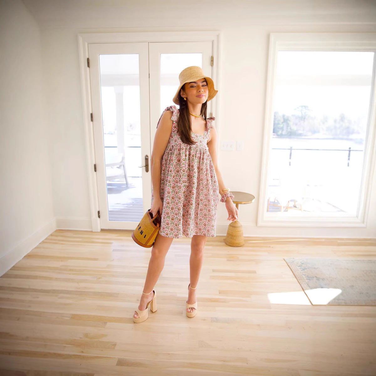 Women's Spring Summer French Vintage Floral Printed Loose Casual Strap Dress