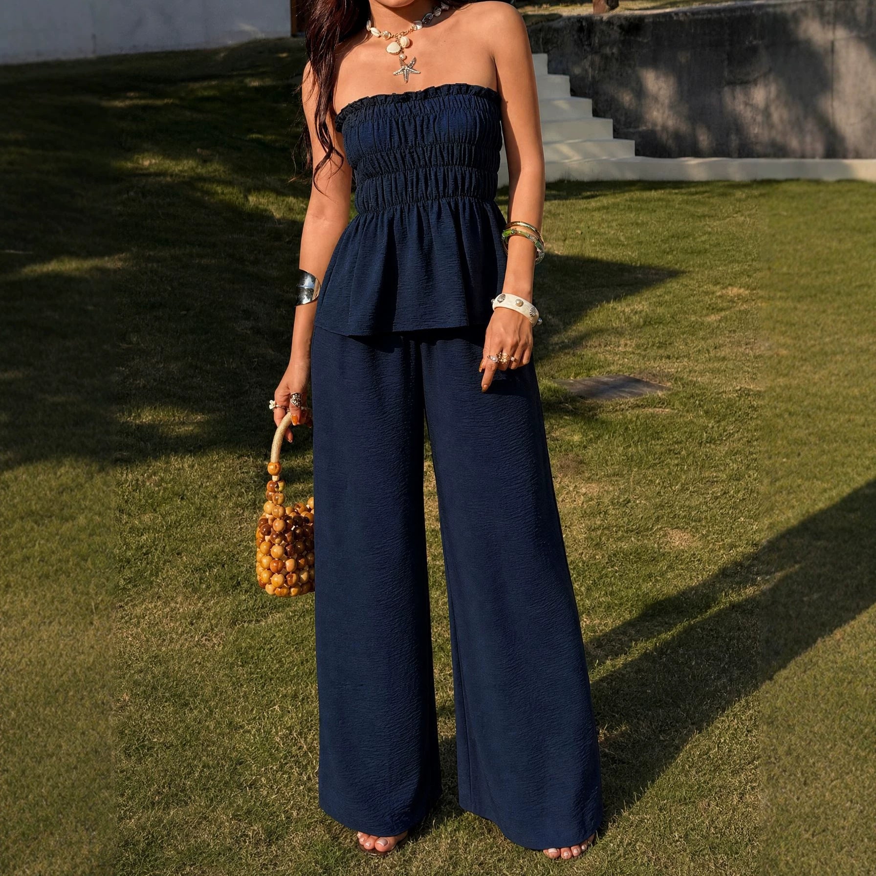 Women's Off-Shoulder Top & Wide-Leg Pants Set