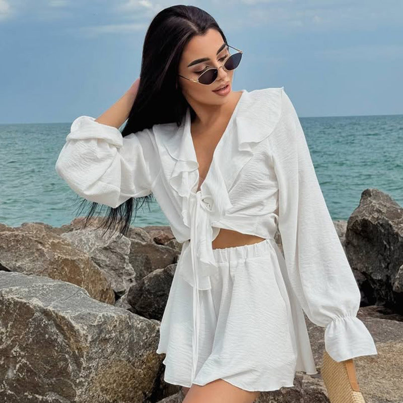 Ruffle Bell-Sleeve Top & Shorts Set