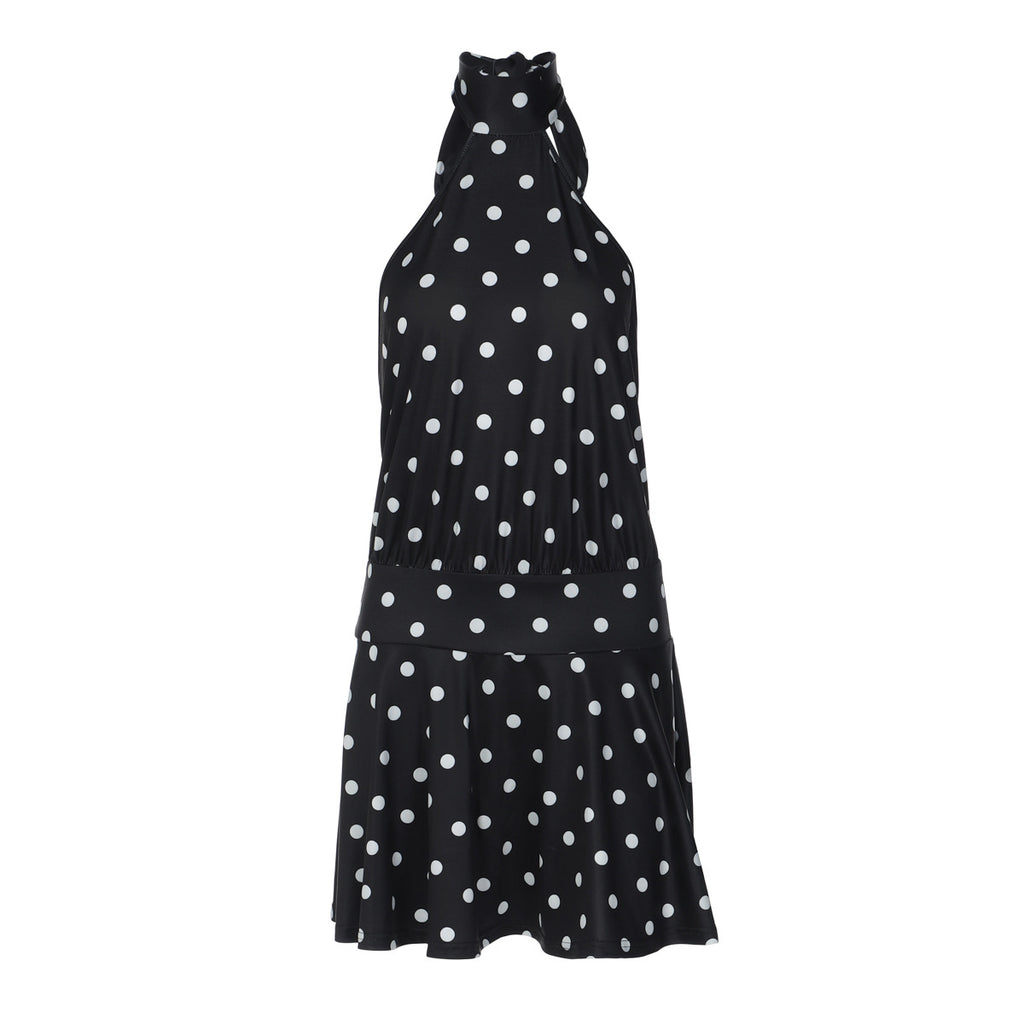 Printed Polka Dot Short Lacing Halter Backless Dress