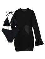 Black three-piece swimsuit set with sheer long-sleeve cover dress and bikini pieces