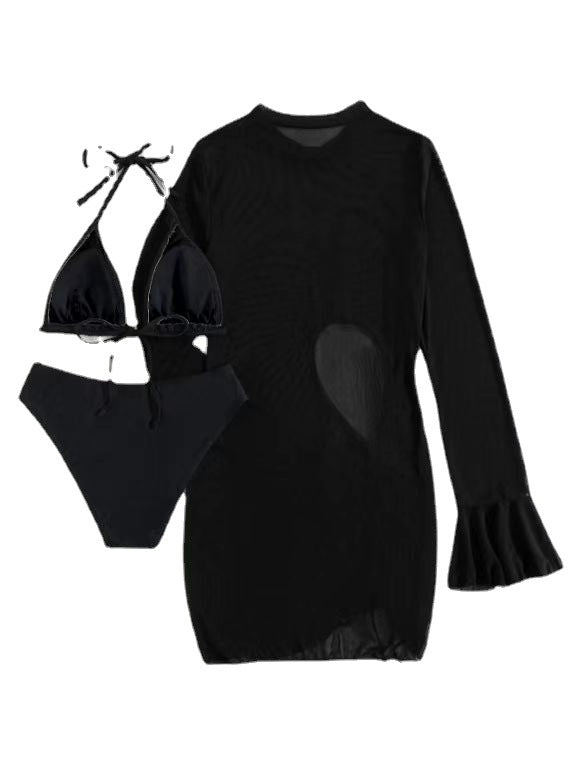 Black three-piece swimsuit set with sheer long-sleeve cover dress and bikini pieces