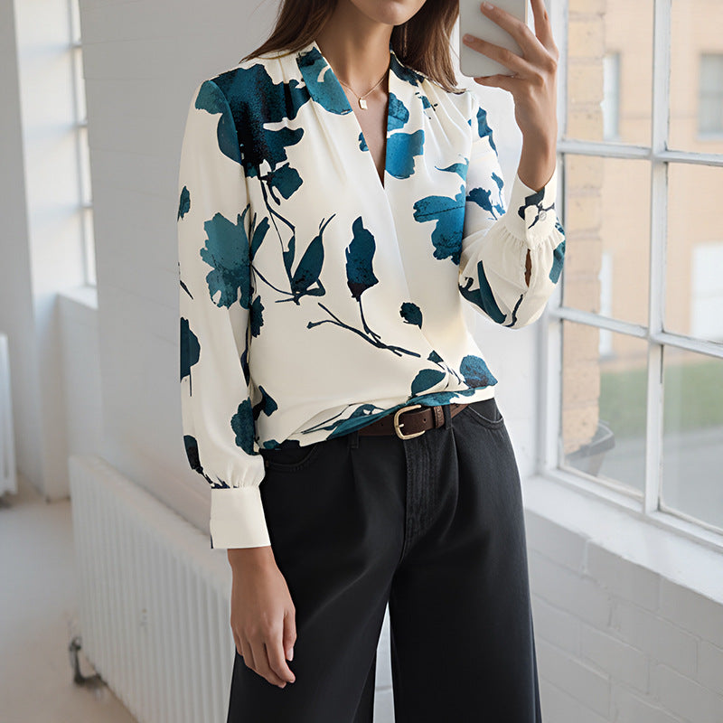 Women's Spring Autumn Casual Artistic Shirt Long Sleeve Ink Floral Printed Shirt