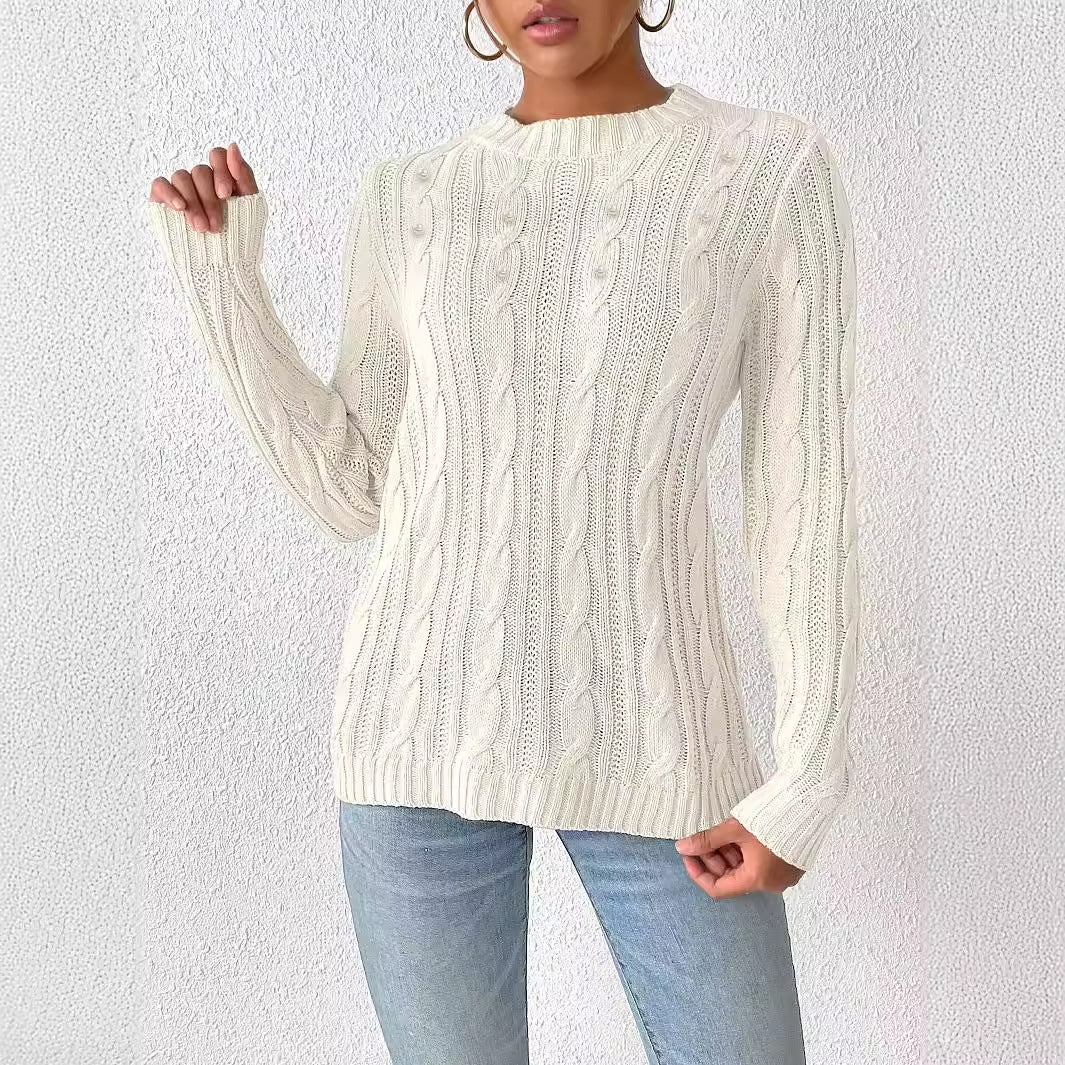 Women Women Clothing Autumn Winter Round Neck Pullover Simple Bottoming Shirt Pearl Beaded Woven Sweater