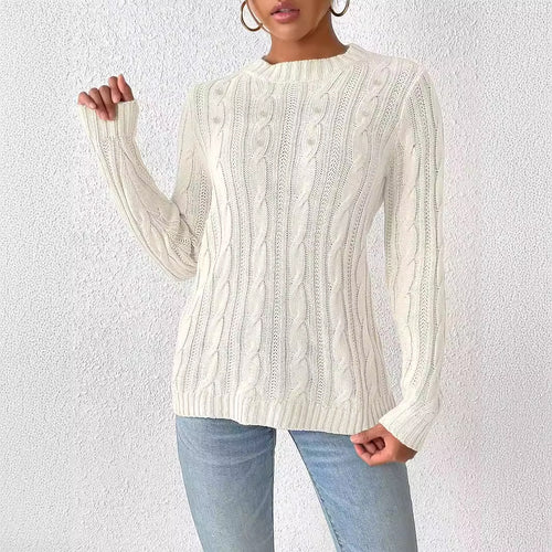 Cream cable knit sweater with round neck and pearl beaded button details