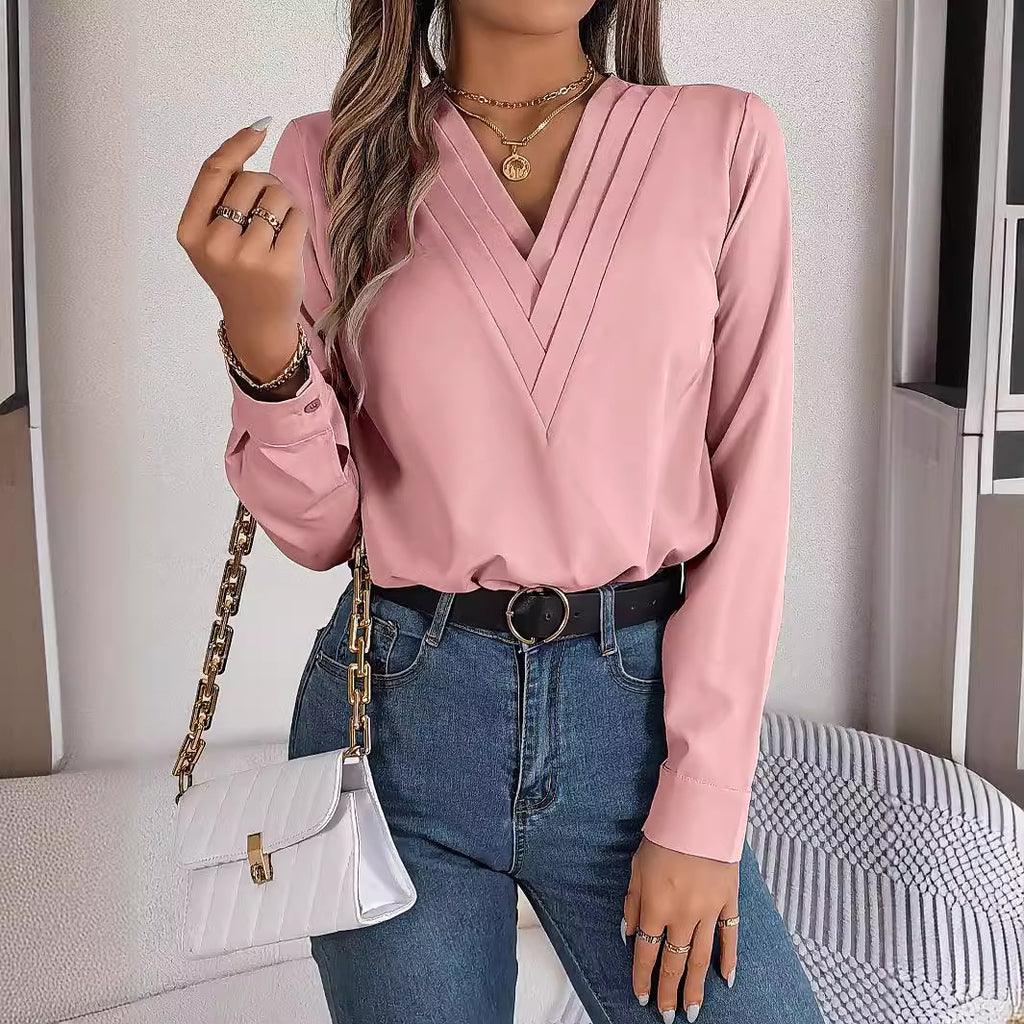 Women's Real Shot Autumn Winter Elegant Solid Color Stacked V Neck Long Sleeve Shirt Women Clothing