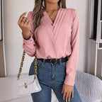 Women's Real Shot Autumn Winter Elegant Solid Color Stacked V Neck Long Sleeve Shirt Women Clothing