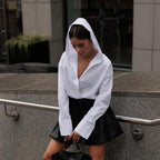 Cotton White Long Sleeved Hooded Shirt Cardigan