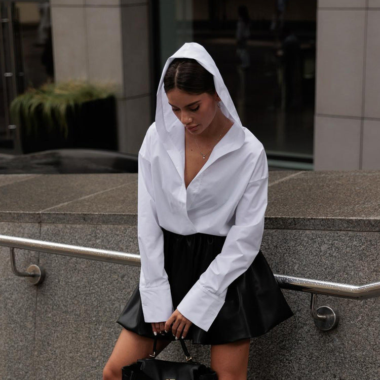 Cotton White Long Sleeved Hooded Shirt Cardigan