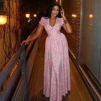 Women's Printed Pleated V-Neck A-Line Dress