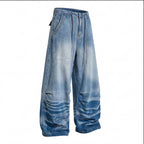 Retro Washed Embroidered Cat Beard Crease Machete Jeans