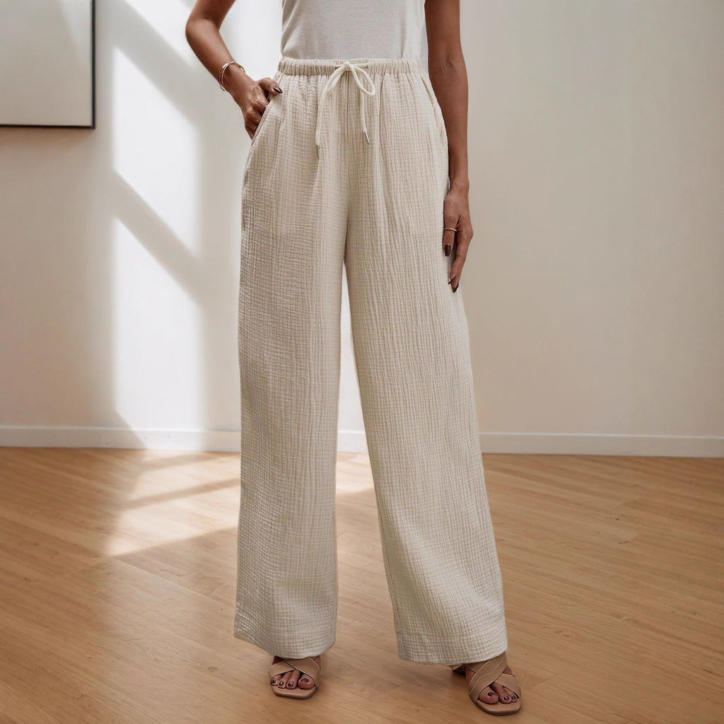 Summer Casual Solid Color Cotton Trousers Elegant Simple All Match Elastic Wide Leg Pants
