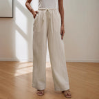 Summer Casual Solid Color Cotton Trousers Elegant Simple All Match Elastic Wide Leg Pants