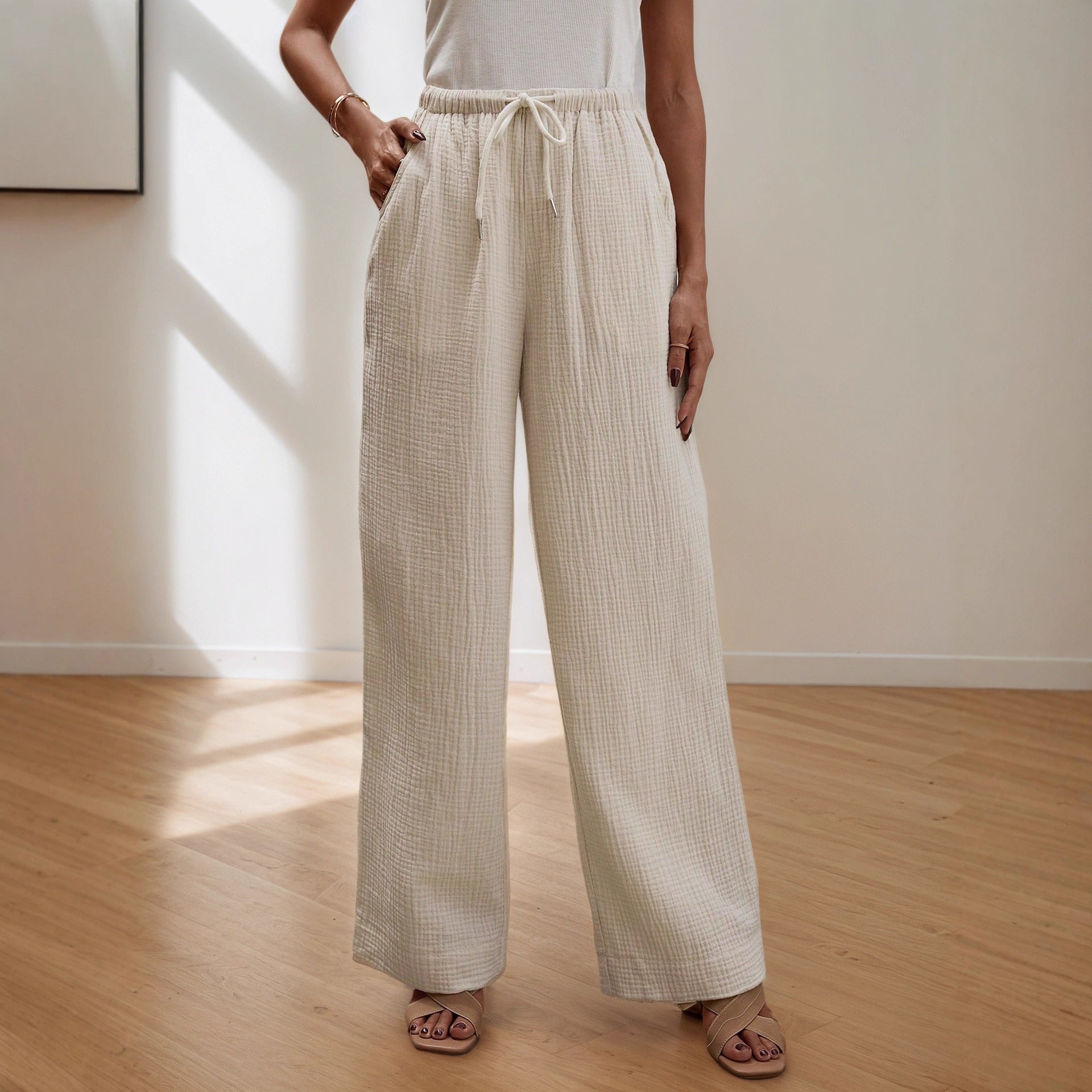 Summer Casual Solid Color Cotton Trousers Elegant Simple All Match Elastic Wide Leg Pants