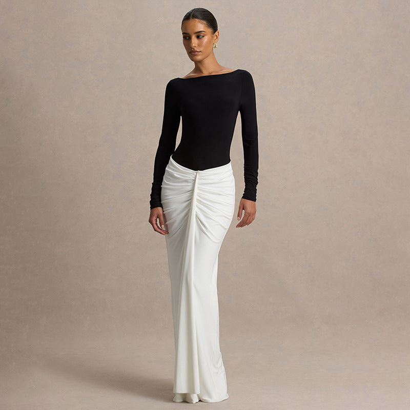 Women's Color Block Backless Long Sleeve Bodycon Maxi Dress