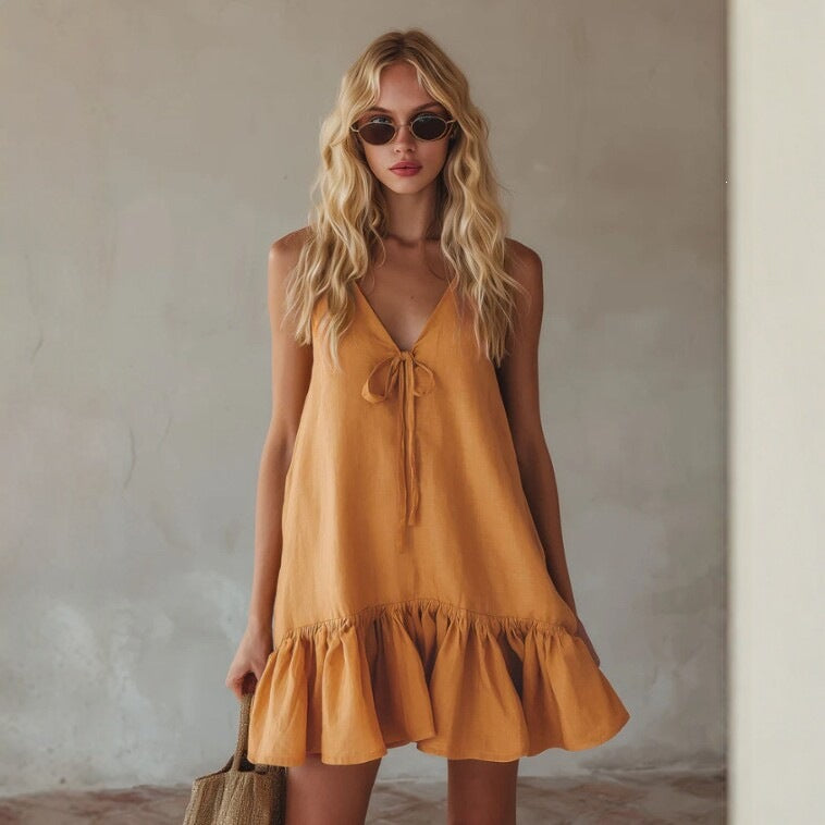 Women's Retro V-Neck Ruffle Vacation Dress