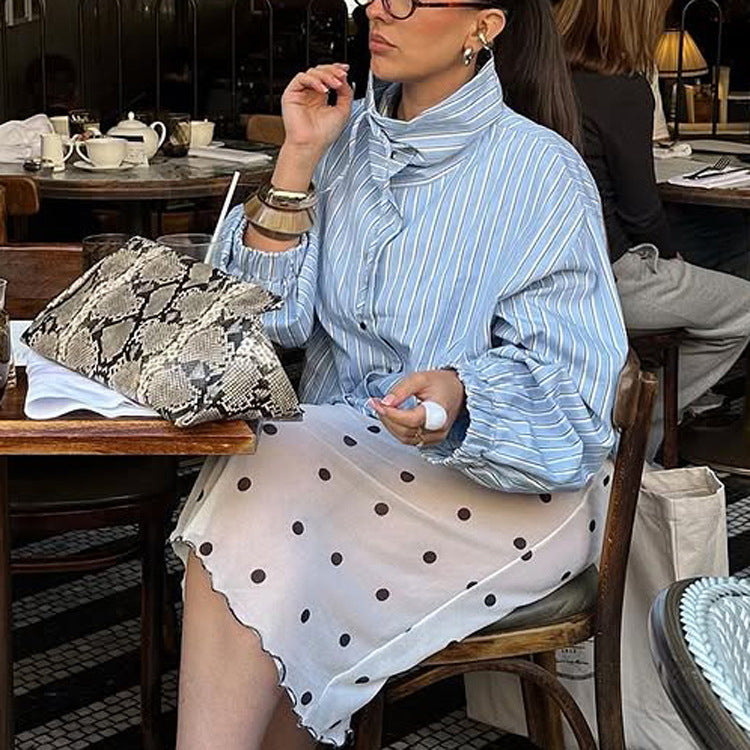 Street Stand Collar Striped Shirt Women Loose Long Sleeves