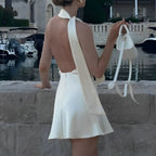 Satin Draping Dress Backless Halter Lace up