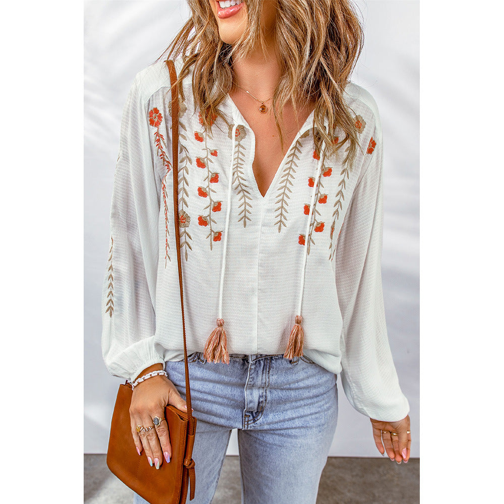 Women's Floral Embroidered V Neck Pullover Shirt Women Tassel Lace Up Long Sleeve Chiffon